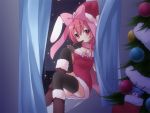  boots bow breasts bunny_ears christmas christmas_tree cleavage curtains finger_to_mouth gloves hat knee_boots mani original panties pantyshot rabbit_ears red_eyes red_hair redhead santa_costume santa_hat snow solo thigh-highs thighhighs underwear window 