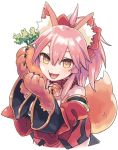  1girl :d animal_ears bell bell_collar carrot collar detached_sleeves fang fate/grand_order fate_(series) fox_ears fox_tail long_hair open_mouth orange_eyes paws pink_hair ponytail simple_background smile solo tail tamamo_(fate)_(all) tamamo_cat_(fate) upper_body urayamashiro_(artist) white_background 