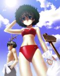  bikini black_hair brown_eyes brown_hair bundle cloud directional_arrow engrish from_below hat lens_flare original ranguage sack short_hair shorts soshina_nohito straw_hat sun sweat swimsuit 