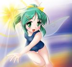  glowing green_eyes green_hair long_hair neopure one-piece_swimsuit ponytail school_swimsuit swimsuit touhou wings 
