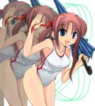  bad_id brown_hair leaning_forward long_hair one-piece_swimsuit original solo swimsuit twintails umbrella zoom_layer 
