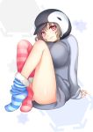  ass blush breasts brown_hair feet ginta hat highres large_breasts legs loose_thighhigh mismatched_legwear original penguin_costume pink_eyes sitting smile solo striped striped_legwear thigh-highs thighhighs 