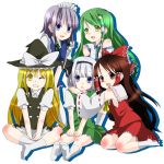  derivative_work grin hakurei_reimu hat hug indian_style izayoi_sakuya k-on! kirisame_marisa kneeling kochiya_sanae konpaku_youmu multiple_girls open_mouth parody ribbon ruchi short_hair sitting smile style_parody touhou v_arms wink yokozuwari 