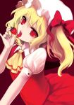  bow fang flandre_scarlet food fruit hair_bow hat holding holding_fruit itou_life red_eyes side_ponytail solo strawberry tongue touhou 