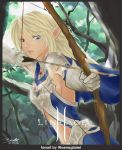  archery arrow blonde_hair blue_eyes bow_(weapon) breasts dated dutch_angle elf gloves highres lineage lineage_2 long_hair pointy_ears ranged_weapon sideboob signature solo waenaglariel weapon 