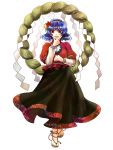  anklet bell black_skirt blue_hair feet highres jewelry long_skirt red_eyes rope sandals short_hair simple_background skirt socha solo touhou transparent_background yasaka_kanako 