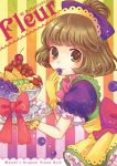  brown_eyes brown_hair cherry dress food fruit grapes holding holding_fruit orange short_hair strawberry wasabi_(artist) wasabi_(sekai) 