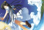  black_hair cloud dress dutch_angle flower from_behind green_eyes hair_flower hair_ornament hat hat_removed headwear_removed highres kobuichi kousaka_chihaya long_hair looking_back muririn natsuzora_kanata notebook official_art outstretched_arms sandals seagull sky splash spread_arms straw_hat water 