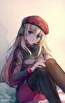  1girl absurdres ak74m_(girls&#039;_frontline) artist_name bangs beret black_legwear blonde_hair blue_eyes blush breasts closed_mouth dated eyebrows_visible_through_hair girls_frontline hair_between_eyes hair_ornament hat headset highres long_hair looking_at_viewer medium_breasts mocha033 pantyhose red_skirt russian_flag simple_background sitting skirt smile snowflake_hair_ornament solo tactical_clothes 
