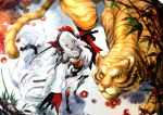  gin_(oyoyo) new_year original solo sword tiger weapon white_hair yellow_eyes 