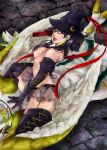  bare_shoulders bayonetta bayonetta_(character) beauty_mark black_hair cocohore elbow_gloves female glasses gloves gun hat long_hair miniskirt mole red_ribbon ribbon skirt solo thigh-highs very_long_hair witch_hat 