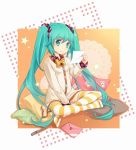  blue_hair bow crossed_legs envelope hair_bow hatsune_miku indian_style letter lowres pillow rocky_(chendongjian) sitting striped striped_legwear striped_thighhighs thigh-highs thighhighs twintails vocaloid 