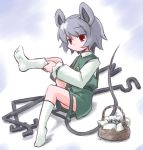  basket dowsing_rod dressing feet grey_hair jewelry kugelschreiber mouse mouse_ears mouse_tail nazrin pendant red_eyes short_hair sock_pull socks solo tail touhou 