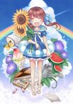  bad_id bow butterfly closed_eyes cloud clouds crayon flower food fruit hair_bow legs original rainbow sandals smile solo standing sunflower twintails wasabi_(artist) wasabi_(sekai) watering_can watermelon 
