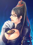  bayonetta bayonetta_(character) beauty_mark black_hair chains cleavage cleavage_cutout earrings female glasses hair_bun itsuki_yukari long_hair mole red_ribbon ribbon solo very_long_hair violet_eyes 