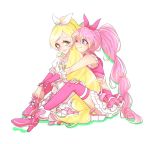  2girls blonde_hair blue_eyes blush chabame couple cure_melody cure_rhythm green_eyes hand_on_knee high_heels holding houjou_hibiki hug hug_from_behind long_hair minamino_kanade multiple_girls pink_hair ponytail precure shoes simple_background sitting sleeveless smile suite_precure thigh-highs twintails white_background wink yuri 