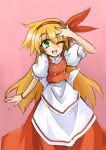  blinking blonde_hair dress ellen green_eyes hatarakimono hemogurobin_a1c long_hair ribbon solo touhou touhou_(pc-98) wink 