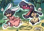  1girl bamboo bamboo_forest barefoot bloomers blush chasing chibi crossover fangs forest inaba_tewi iyau jewelry mawile nature necklace outstretched_arms pokemon pokemon_(creature) run_away running spread_arms teeth touhou trap troll_face 