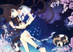  ankle_garter barefoot bell blue_eyes brown_hair cat cat_ears cat_tail cherry_blossoms dress floral_print jingle_bell long_hair lying nyanya on_side original petals petticoat ribbon ripples solo tail 