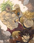  broly clenched_hand clone constricted_pupils dragon_ball dragon_ball_z dragonball dragonball_z dual_persona male multiple_boys muscle nitako scared shirtless son_goku son_gokuu spiked_hair super_saiyan turn_pale wall you_gonna_get_raped 