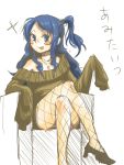  :p blue_hair blush_stickers chair crossed_legs fishnet_pantyhose fishnets homeko_(artist) jewelry legs long_sleeves necklace original pantyhose sitting solo tongue 
