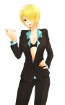  bad_id blonde_hair blue_eyes bra breasts chibanezu cigarette cleavage formal genderswap hair_over_one_eye hand_on_hip lingerie lipstick one_piece pant_suit sanji short_hair smile suit tuxedo underwear 