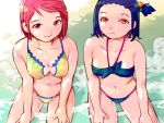  beach bikini blue_hair cleavage_cutout midriff multiple_girls navel pink_eyes red_hair redhead smile swimsuit water 