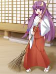  bamboo-shafted_broom bamboo_broom broom hakama hukkaa japanese_clothes long_hair miko patchouli_knowledge purple_eyes purple_hair solo touhou violet_eyes 