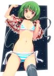  brown_eyes flat_chest green_hair macross macross_frontier masao navel open_mouth ranka_lee short_hair smile striped striped_bikini striped_swimsuit swimsuit thighhighs 