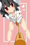  black_hair blush bunny_ears carrot down_blouse dress_shirt heart inaba_tewi jewelry leaning_forward looking_at_viewer mallet morino_harifu no_pants pendant red_eyes shirt short_hair simple_background smile solo touhou 