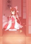  bad_id bow brown_hair choker detached_sleeves hair_bow hair_ornament hairclip hakurei_reimu hanafuda highres kotatsu pillow red_eyes s.advent sitting solo table touhou 