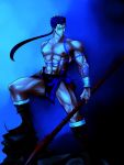 blue blue_background blue_hair boots fate/stay_night fate_(series) gae_bolg lancer male manly muscle polearm spear weapon 