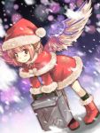  bad_id blush boots christmas hat hitoshise mystia_lorelei pigeon-toed pink_hair santa_costume santa_hat short_hair smile snow solo touhou wings 