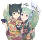  black_eyes black_hair cat_ears chopsticks cup furi girl_in_a_cup green_eyes green_hair hands in_container in_cup japanese_clothes kimono minigirl new_year original 