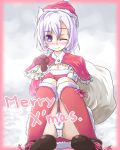  christmas gloves hat lavender_hair letty_whiterock notsugimi panties pantyshot pantyshot_sitting purple_eyes santa_costume santa_hat short_hair sitting solo touhou underwear violet_eyes wink 