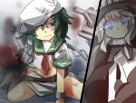  2girls blue_eyes commentary_request gaoo_(frpjx283) glowing glowing_eyes green_eyes green_hair grey_hair hat highres kantai_collection kiso_(kantai_collection) multiple_girls navel neckerchief short_hair skirt wo-class_aircraft_carrier 