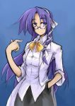  asakura_rikako blue_eyes glasses hemogurobin_a1c long_hair purple_hair ribbon scientist sleeves_rolled_up solo touhou touhou_(pc-98) 
