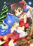  autumn_(artist) blue_hair bow broom brown_eyes brown_hair christmas christmas_tree cirno closed_eyes cosplay detached_sleeves glomp hair_bow hair_tubes hakurei_reimu hakurei_reimu_(cosplay) hug kaenbyou_rin long_hair midriff no_bra short_hair skirt sleigh touhou wheelbarrow wings 