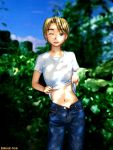  androgynous brown_eyes brown_hair jeans konno_mitsune love_hina midriff open_fly rohimo shirt_lift short_hair t-shirt tree unzipped wink 