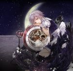  blue_eyes braid clock feathers fukahire_sanba gears izayoi_sakuya maid moon oversized_object pocket_watch pocketwatch short_hair silver_hair solo touhou watch 