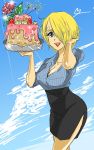  bad_id black_dress blonde_hair blue_background blue_eyes breasts cake cleavage dress flower food genderswap hair_over_one_eye lipstick one_piece open_mouth pastry sanji shirt short_hair skirt sky smile tray yuhu 