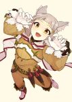  1girl :d animal_ears bangs blunt_bangs bodysuit breasts cat_ears commentary_request facial_mark fang fang_out flat_chest full_body gloves highres looking_at_viewer namicha nia_(xenoblade) short_hair silver_hair small_breasts smile solo white_gloves xenoblade_chronicles_(series) xenoblade_chronicles_2 yellow_bodysuit yellow_eyes 