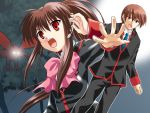  brother_and_sister brown_hair headset little_busters!! long_hair microphone mutsuki_masato natsume_kyousuke natsume_rin ponytail red_eyes school_uniform siblings silhouette 