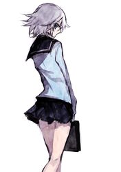  alternate_costume bag blue_eyes braid briefcase contemporary izayoi_sakuya looking_back miniskirt school_uniform serafuku skirt solo tima touhou white_hair 