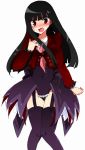  bakura_usamimi black_hair black_legwear blazer blush fang garter_straps garters highres long_hair lucifer necktie red_eyes solo stakes_of_purgatory tears thigh-highs thighhighs umineko_no_naku_koro_ni uniform 