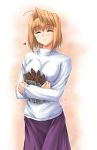  arcueid_brunestud blonde_hair breasts closed_eyes food happy heart miyai_max purple_skirt short_hair skirt smile tsukihime 