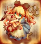  alice_(wonderland) bad_id blonde_hair blood bow bunny green_eyes hair_bow key needle rabbit solo stuffed_animal stuffed_toy taoru tongue zipper 