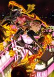  bag battle blue_eyes city explosion flying hajime_(hajime-ill-1st) highres missile original pink_hair ponytail scarf 