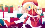  blue_eyes blush boots christmas gift gloves hat long_hair meito_(maze) pantyhose santa_hat sitting smile white_legwear white_pantyhose 