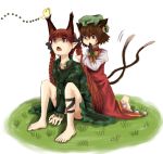  animal_ears bad_id barefoot braid brown_hair butterfly cat_ears cat_tail chen earrings extra_ears hair_ribbon hairdressing hat jewelry kaenbyou_rin long_hair mouth_hold multiple_girls multiple_tails peso_(numbers) red_eyes red_hair redhead ribbon short_hair tail touhou twin_braids twintails 